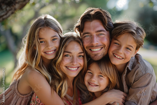 Joyful family of four smiling and hugging each other in a beautiful park, radiating love and happiness, creating precious memories together in a vibrant and colorful photo    