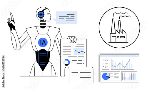 Robot sharing data with charts, speech bubble, analytics on screen, factory icon. Ideal for AI, technology, industrial automation, data analysis future tech industry 4.0 simple landing page