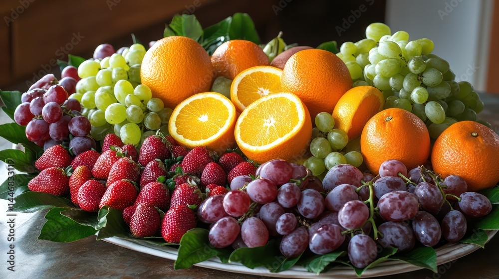 Assorted fresh fruits on platter Assorted fresh fruits on platter