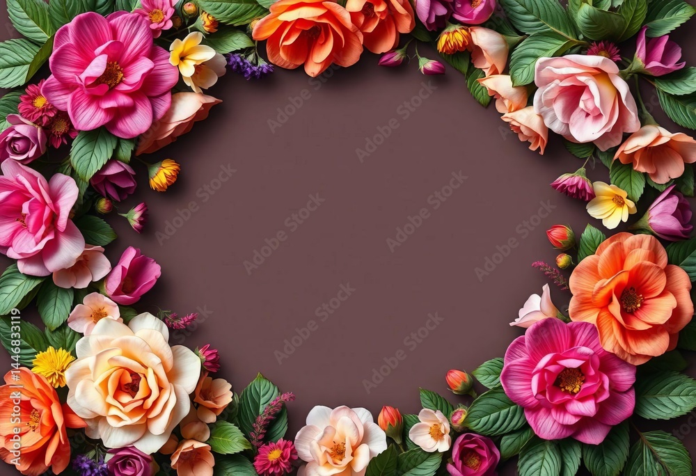 Intricate floral frame encircles a photo, vibrant blooms and leaves create a romantic border, bloom, scrapbooking Intricate floral frame encircles a photo, vibrant blooms and leaves create a romantic border, bloom, scrapbooking