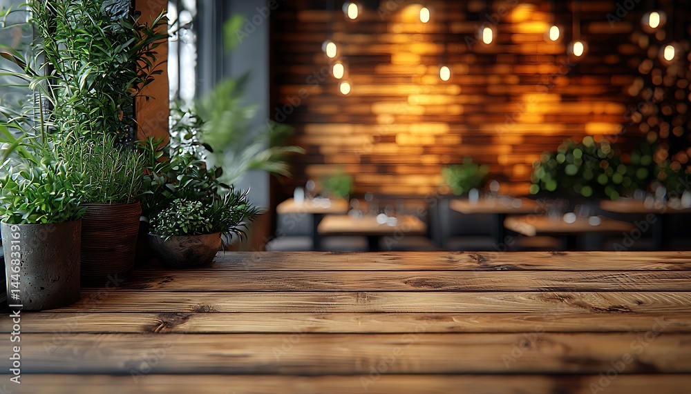 Rustic wooden table in a dimly lit restaurant Rustic wooden table in a dimly lit restaurant