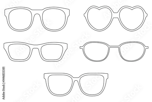Modern Eyewear outline set Collection of Sunglasses and Glasses for Men and Women in Diverse Shapes and Frame Styles Vector Illustration