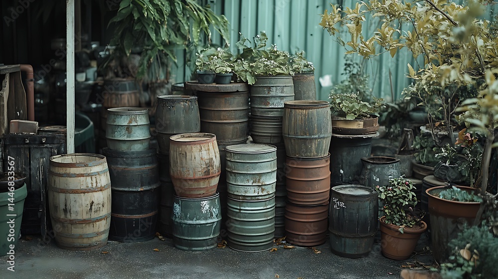 Obraz premium Stacked wooden barrels and planters outdoors.