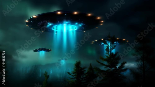 Glowing UFOs Hovering Over Dark Forest