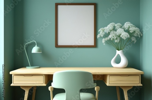 Mockup poster frame in minimalist home office with light wood desk, green wall, and contemporary decor