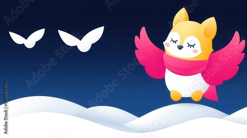 Cute pixelated fox with pink wings standing on snowy hills under a navy blue night sky with two white birds and dreamy aesthetic