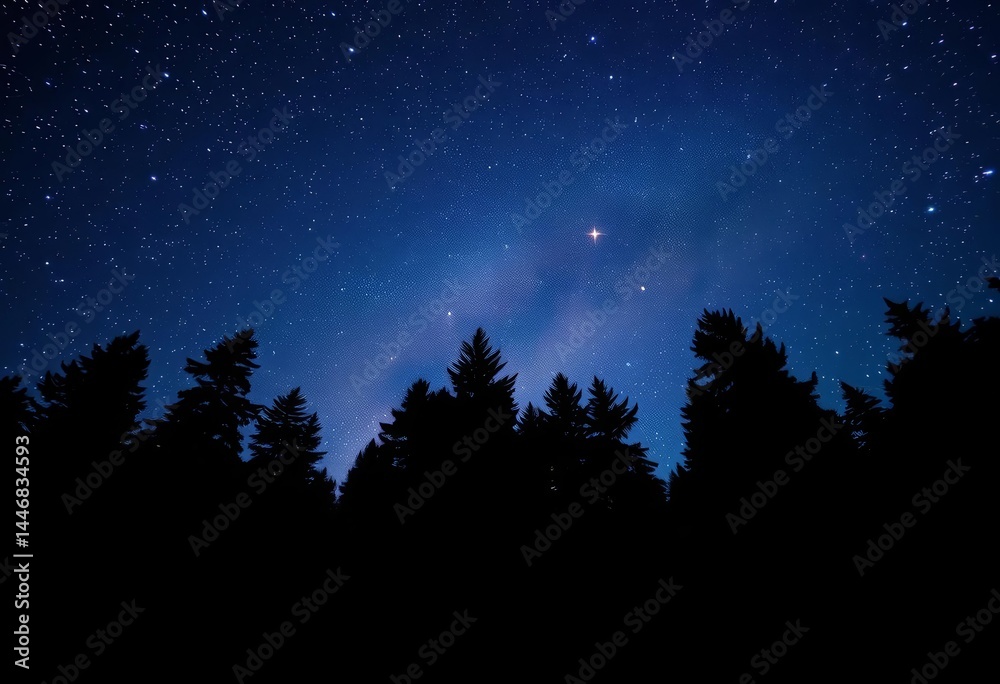Dark forest silhouette against a vibrant starlit night sky, ample empty space, graphic, bright stars Dark forest silhouette against a vibrant starlit night sky, ample empty space, graphic, bright stars