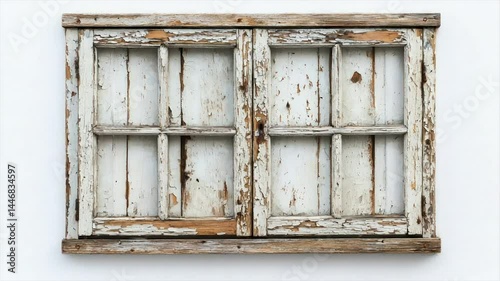 Aged, weathered double-hung window.  A vintage, distressed wooden window frame with peeling paint and visible wood grain.  The divided panes create a detailed, aged look