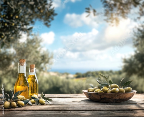Sunlit olive oil bottles and fresh olives on rustic wooden table, idyllic grove background