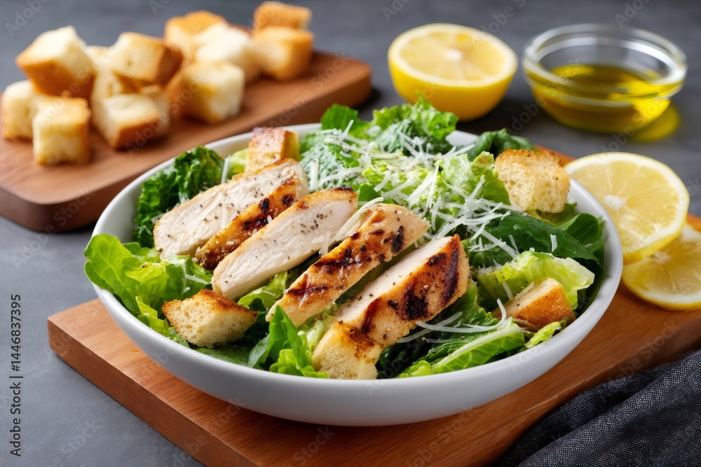 Caesar salad with grilled chicken breast, croutons, parmesan cheese, and romaine lettuce