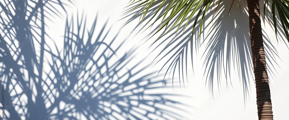 Fototapeta premium Intricate palm frond shadows cast on a bright white stucco wall in Honolulu, Oahu, Hawaii, sunlight, aesthetic