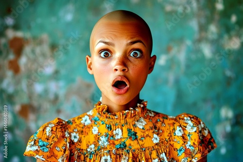 Short trim - bald head - no hair. Commercial ad campaign concept art art. Attractive very startled mixed-race girl - for ads, brochure and internet marketing use. African beauty. Colored girl.