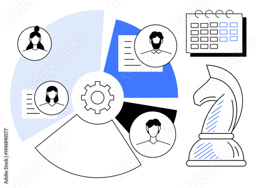 Gear inside pie chart with team avatars, calendar, documents, and chess knight. Ideal for teamwork, strategy, project management, planning, organization work delegation flat simple metaphor
