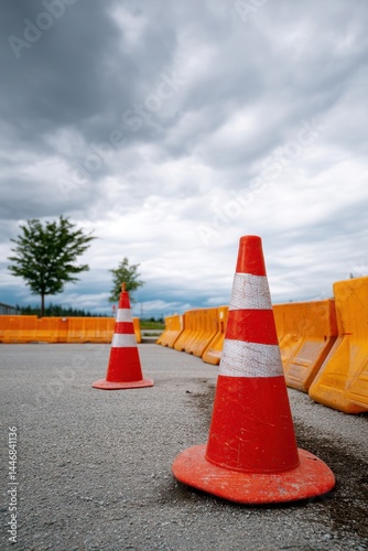 Traffic Cones Arranged in Zigzag Pattern Beside Portable Barriers