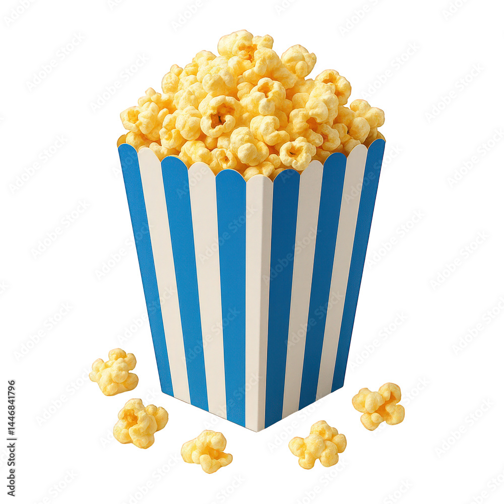 Freshly popped golden kernels spill from a cheerful blue and white striped container, a tasty movie treat.