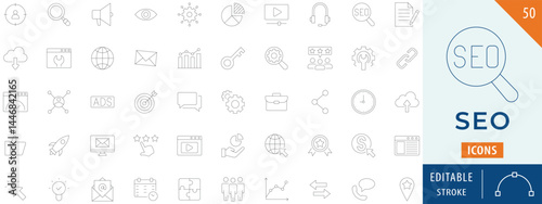 Search Engine Optimization icon collection set. Containing digital marketing, analysis, search engine, advertising, business, and more. Editable stroke.