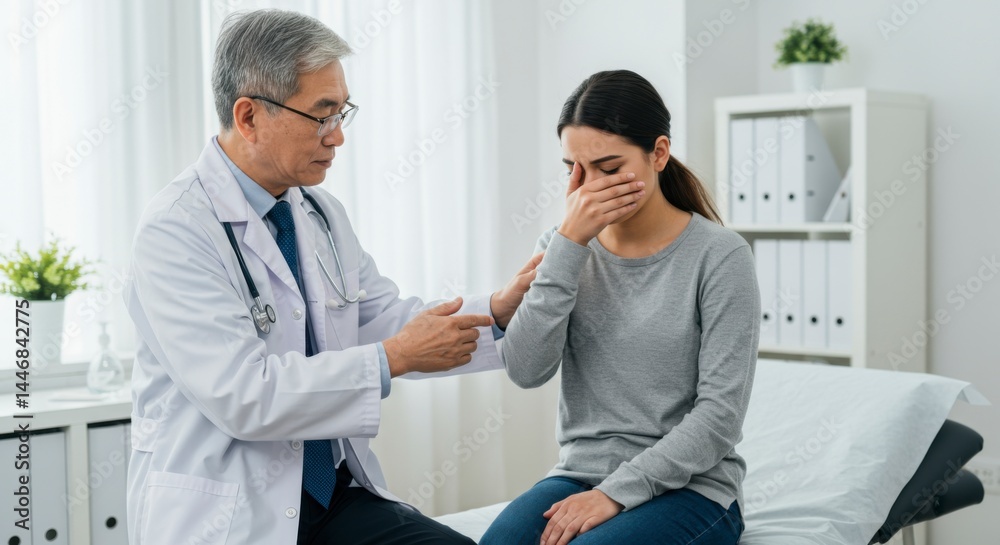 Fototapeta premium Patient discussing emotional concerns with doctor in medical office health care setting professional environment close-up perspective