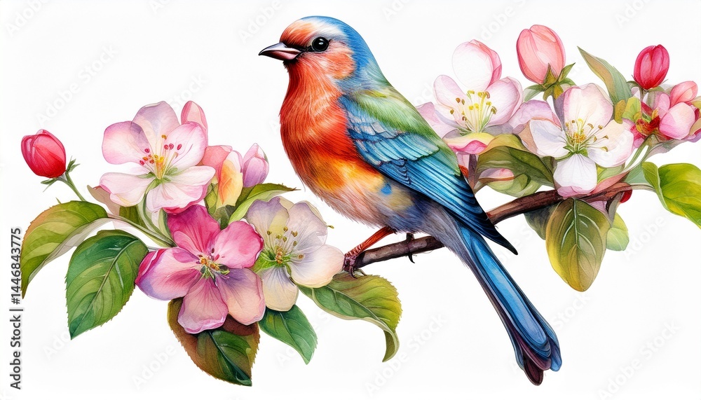 Obraz premium beautiful apple flowers and bright bird on branch, isolated white background, watercolor bo