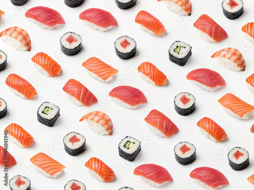 Sushi neatly lined up at equal intervals. Ootoro. Medium fatty tuna. Red meat. Background material. Nori roll. Kappa roll. Tekkamaki. Mushi shrimps. Salmon. photo