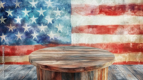 A wooden podium in front of a watercolor American flag backdrop, symbolizing democracy and public speaking.