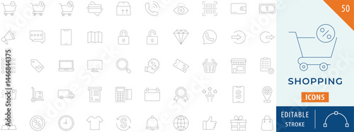 Shopping Collection Icon Set. Containing shop, sale, delivery, buy, business, and more. Editable Stroke Line.