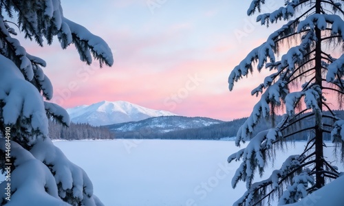 Snow-laden pine branches framing frozen lake shoreline, distant mountains under pink winter sunset.