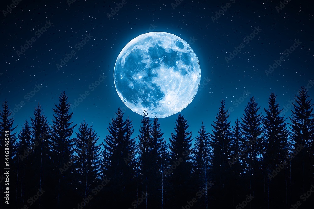 Fototapeta premium Full moon over silhouetted pine forest