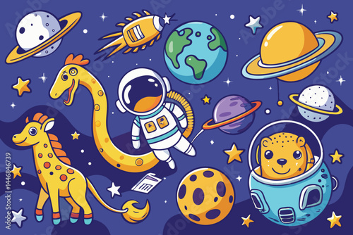 Playful Cosmic Adventure Featuring Cute Astronaut Floating in Space – Fun Outer Space Vector Illustration with Planets and Stars
