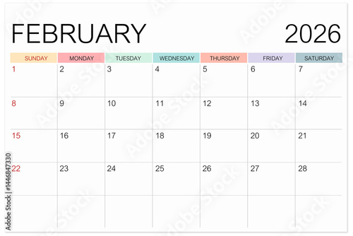 Calendar February 2026 page isolated on white background, Save clipping path.