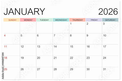 Calendar January 2026 page isolated on white background, Save clipping path.