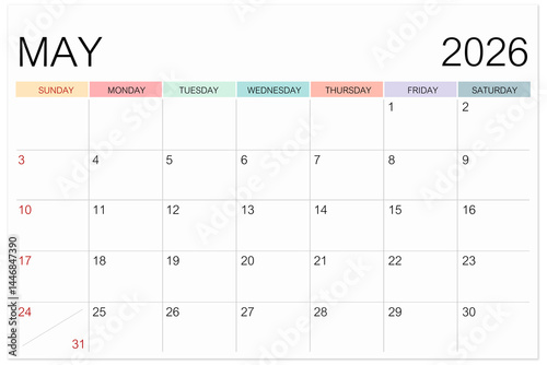 Calendar May 2026 page isolated on white background, Save clipping path.