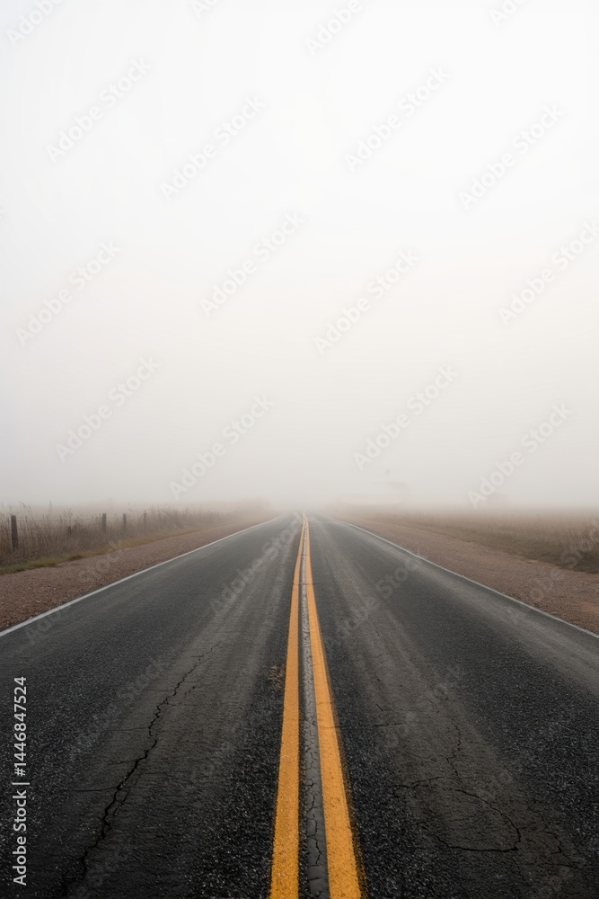 Fototapeta premium A deserted road stretching into dense fog, with a double yellow line fading into the mist.