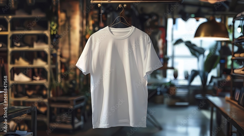 Fototapeta premium White t-shirt mockup hanging on a hiphop store background, Generative AI illustrations.