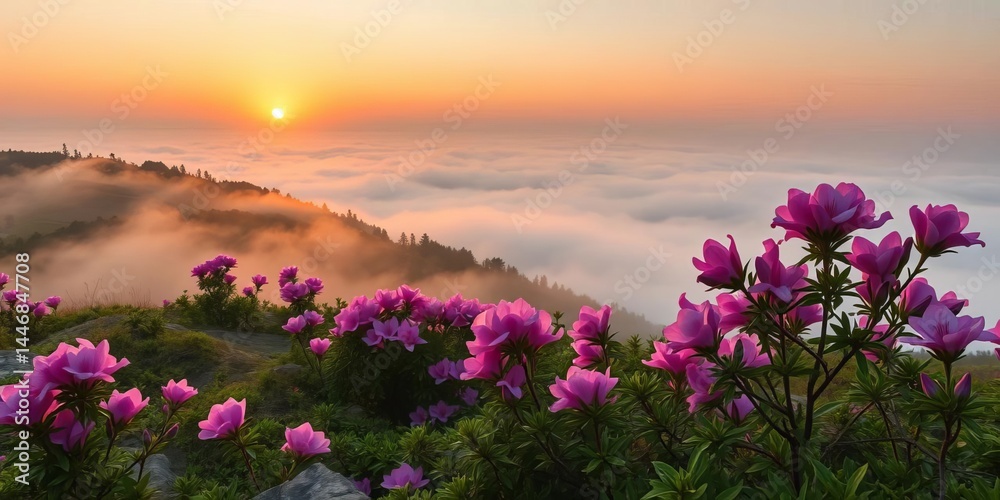 Fototapeta premium Misty sunrise, pink azaleas blooming on Hwangmaesan Mountain, Hapcheon, South Korea, mountain, idyllic