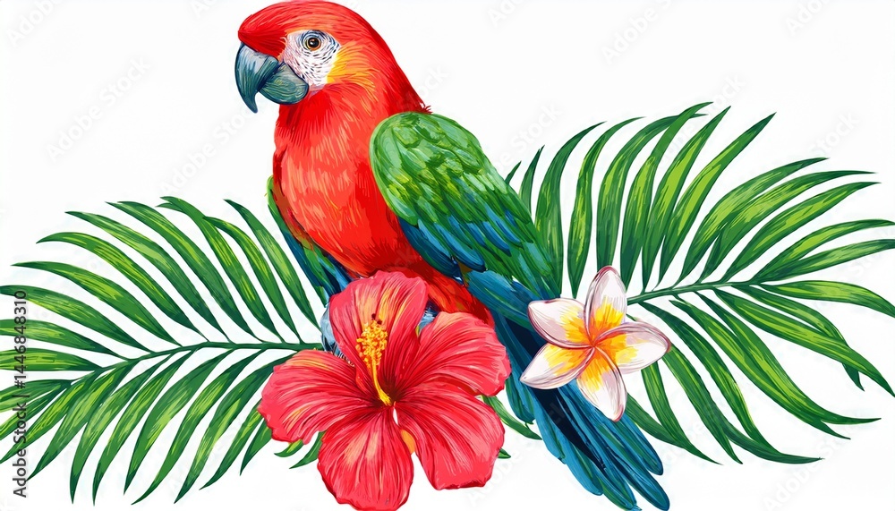 Obraz premium Bird, flower and palm leaves. tropical watercolor on isolated white background. Tropical il