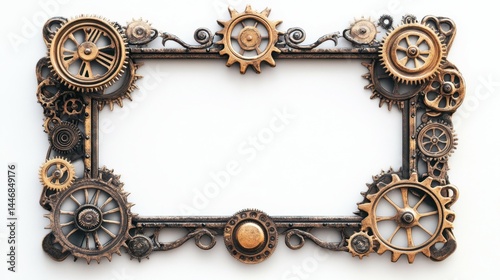 Intricately ornamented rectangular frame in steampunk style set against a pristine white background, adorned with gears, clockwork elements, rivets, and dials