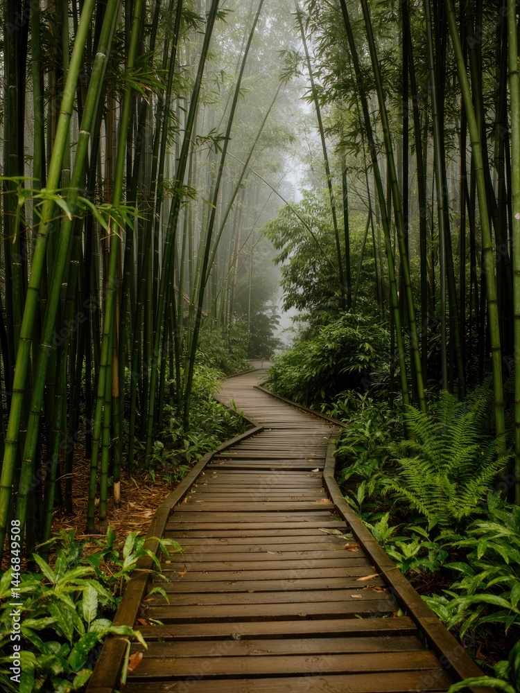 Fototapeta premium Pathway Through a Tranquil Bamboo Forest Shrouded in Mist