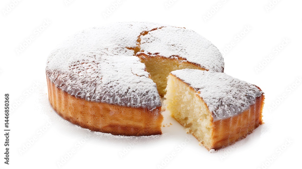 A delicious gugelhupf cake dusted with powdered sugar, presented in a simple and elegant way on a pure white background. The gugelhupf's unique shape and the light coating of powdered sugar add A delicious gugelhupf cake dusted with powdered sugar, presented in a simple and elegant way on a pure white background. The gugelhupf's unique shape and the light coating of powdered sugar add
