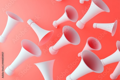 Coral megaphone breaking the monotony among white megaphones, modern business communication theme, 3D horizontal