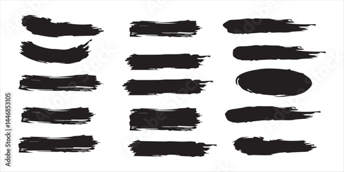 Vector black paint brush spots, highlighter lines or felt tip pen marker horizontal blobs. Marker pen or brushstrokes and dashes. Ink smudge abstract shape stains and smear set with texture.