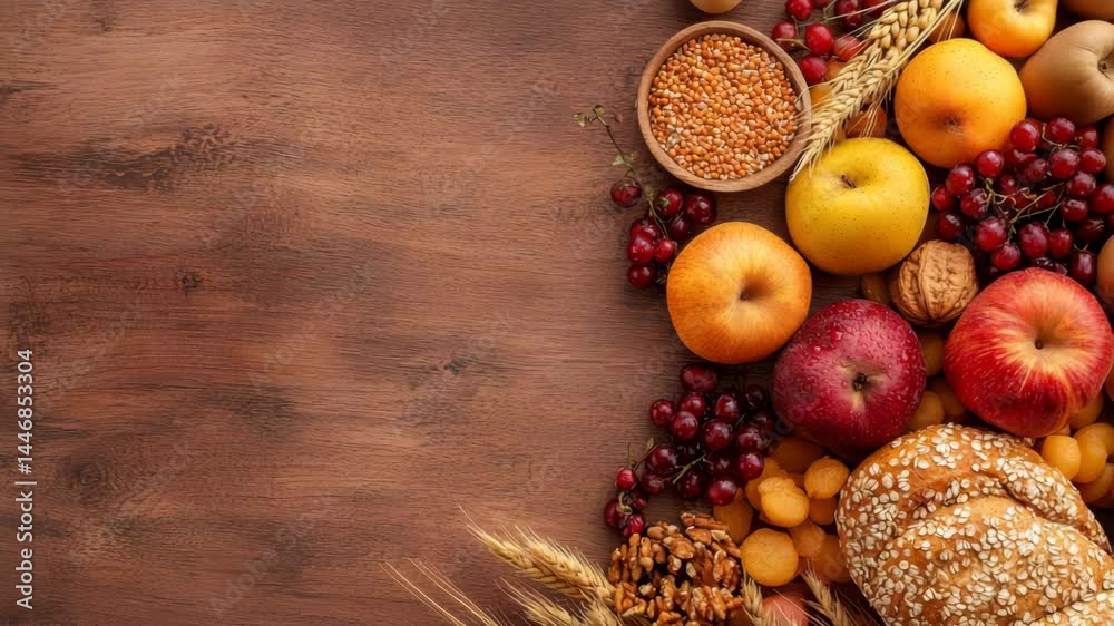 Harvest Bounty: A rustic tableau of seasonal fruits, grains, and nuts arranged on a wooden surface, an inviting still life evoking the abundance of a bountiful harvest.
