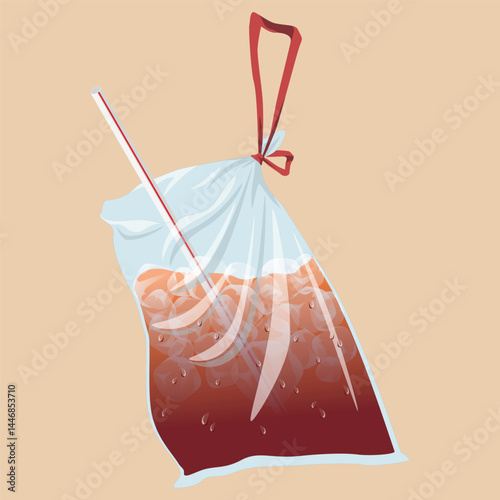 Vector illustration of iced tea in a plastic bag with a straw and carrying handle, filled with ice and condensation. Popular takeaway drink style in Southeast Asia, ideal for cultural or food art.