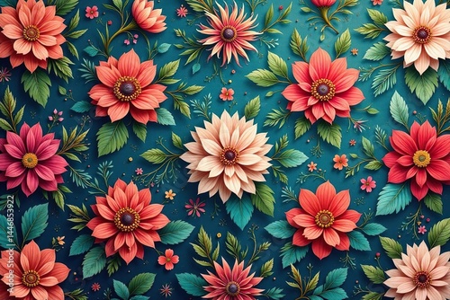 Intricate floral wallpaper, repeating motif of flowers and leaves, decoration, motif