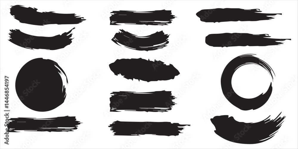 Vector black paint brush spots, highlighter lines or felt tip pen marker horizontal blobs. Marker pen or brushstrokes and dashes. Ink smudge abstract shape stains and smear set with texture.