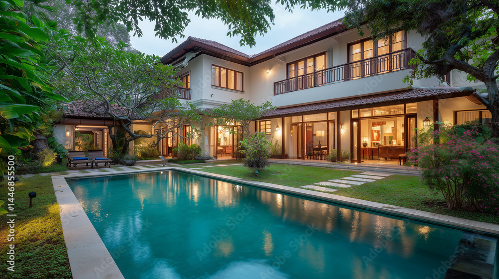 Fototapeta premium Minimalist tropical villa with pool and garden, embodying serene simplicity and harmony.