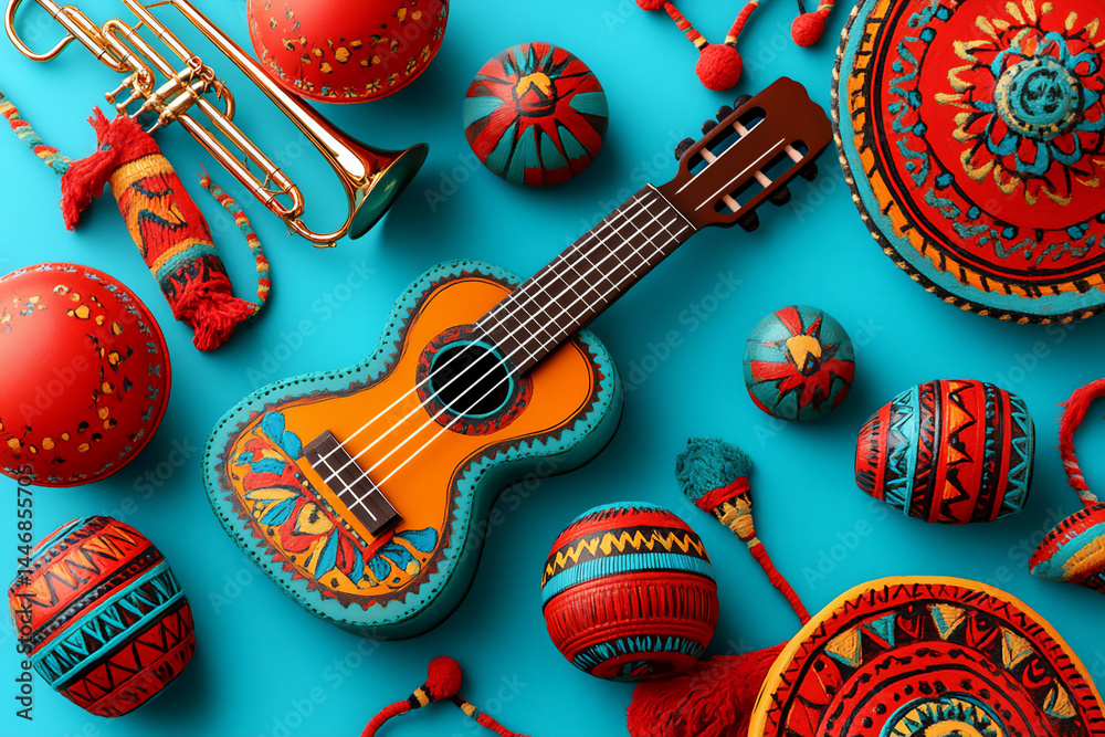 Fototapeta premium flat lay of colorful mexican instruments on bright blue