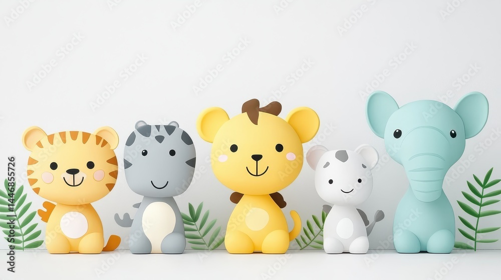 Naklejka premium Adorable jungle animal figurines charming nursery decor whimsical creature collection children's room art playful critter display delightful baby shower presents rubber toys
