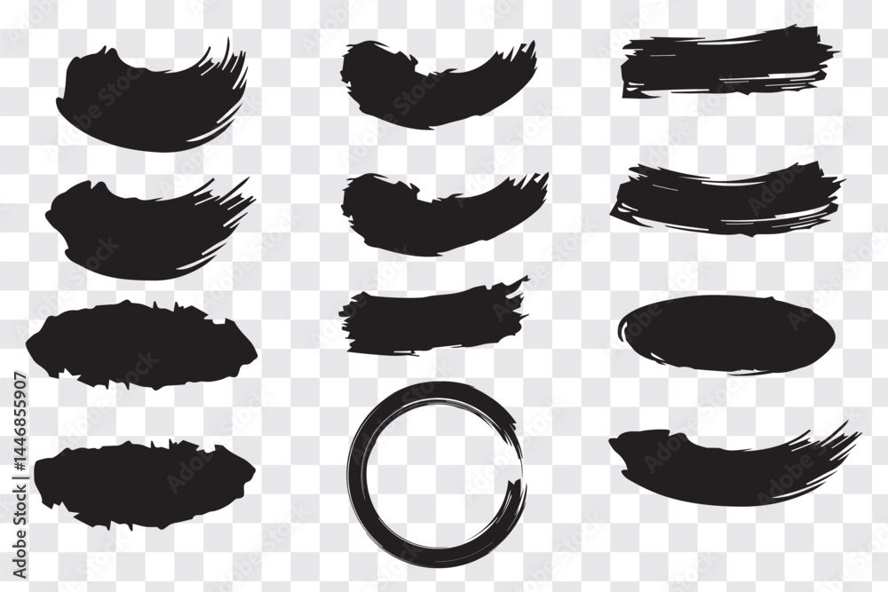 Vector black paint brush spots, highlighter lines or felt tip pen marker horizontal blobs. Marker pen or brushstrokes and dashes. Ink smudge abstract shape stains and smear set with texture.