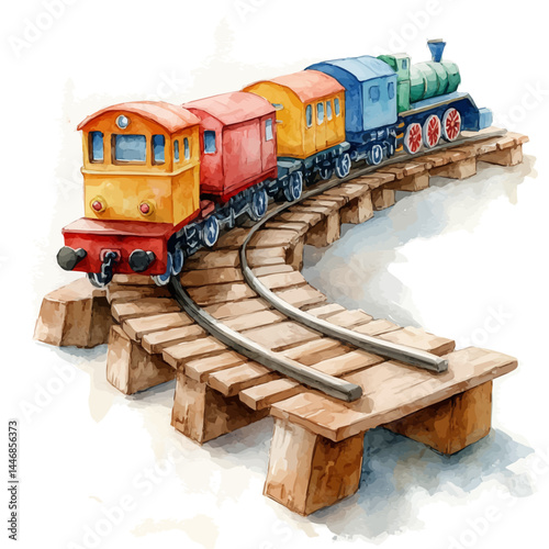 Set Of Colorful Toy Trains On A Track, watercolor vector, isolated on a white background.