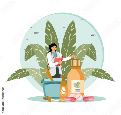 Homeopathy concept. Doctor  prepared organic natural homeopathic pills in glass jars.